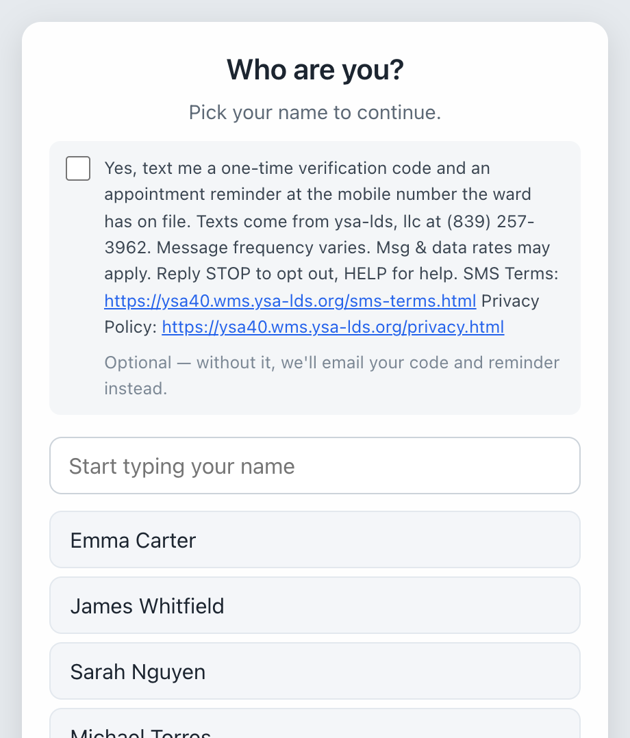 The booking page showing an unticked checkbox agreeing to receive a verification code and appointment reminder by text.