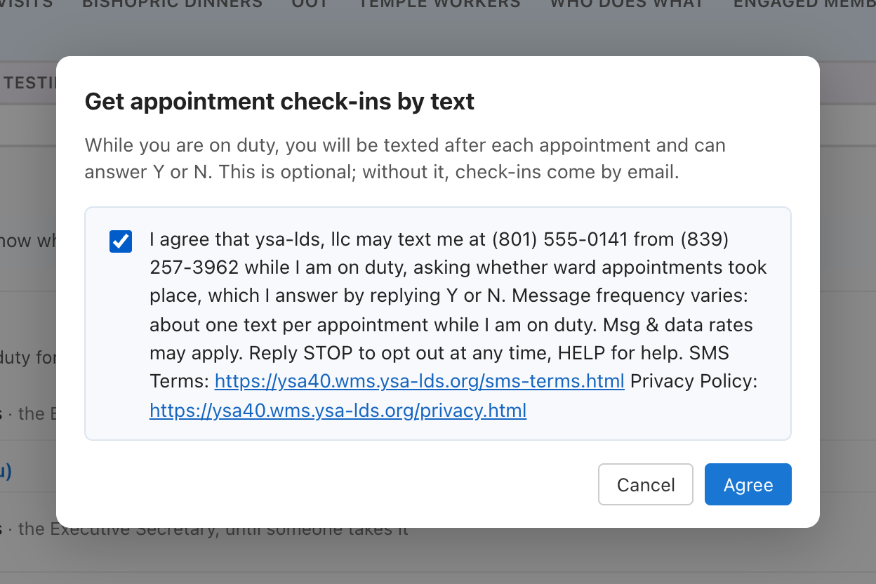 The consent screen for the on-duty executive secretary, showing an unticked checkbox agreeing to receive check-in texts.
